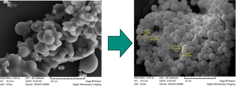 SEM images of carbon spheres obtained from monosaccharides on a 10-20 micrometer scale