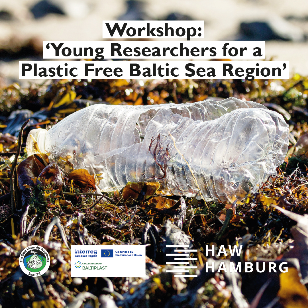 Darbsemināra afiša, kur redzama plastmasas pudele jūras aļģēs